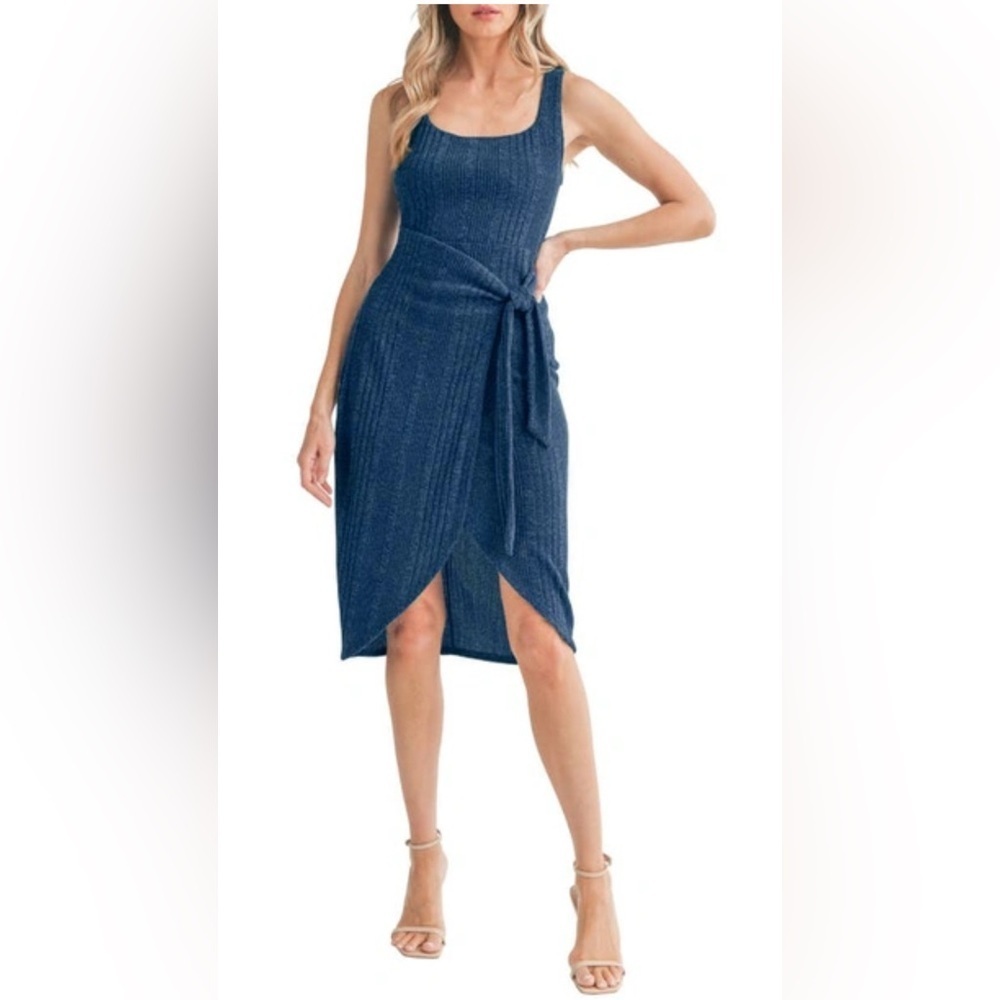Lush Side Tie Variegated Rib Tank Dress - Sodalite Blue - Size Large
